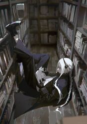 1girl absurdres black_gloves black_jacket black_pants black_shoes braid gloves grey_eyes highres jacket leg_up library long_hair original pants profile reading shoes solo sorrowny white_hair