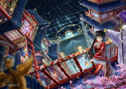 Rule 34 | 1girl, absurdres, architecture, artist name, black hair, blush, double bun, east asian architecture, fire, from above, haraegushi, highres, japanese clothes, kazari (1a2b3c4d98721), kimono, long hair, oonusa, original, railing, robe, scenery, shide, signature, staff, standing, yellow eyes