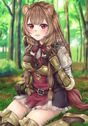 Rule 34 | 1girl, animal ear fluff, animal ears, armor, armored boots, armored gloves, artist name, belt, black dress, blunt bangs, blush, boots, breastplate, brown belt, brown boots, brown gloves, brown hair, collared dress, commentary, day, dress, elbow gloves, english commentary, eyelashes, forest, gloves, grass, hand up, high collar, instagram username, layered dress, lips, long hair, long sleeves, looking at viewer, metal arm cuffs, metal hair tubes, metal wrist cuffs, mixed-language commentary, nature, neck ribbon, on ground, outdoors, pauldrons, pleated dress, raccoon ears, raccoon girl, raccoon tail, raphtalia, red dress, red eyes, red ribbon, ribbon, short dress, shoulder armor, single pauldron, sitting, sleeveless, sleeveless dress, smile, solo, sukimii art, tail, tate no yuusha no nariagari, thigh boots, thighs, twitter username, two-tone dress, wariza, white dress