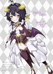 1girl absurdres antenna_hair argyle_background breasts character_name closed_mouth copyright_name corset cross-shaped_pupils demon_horns demon_wings hair_between_eyes heart_antenna_hair highres hiiragi_utena holding holding_riding_crop horns light_smile looking_at_viewer low_wings lowleg lowleg_pants magia_baiser mahou_shoujo_ni_akogarete navel pants pasties purple_corset purple_hair purple_pants riding_crop short_hair shrug_(clothing) simple_background small_breasts solo star_(symbol) star_pasties stomach symbol-shaped_pupils wings xxx_adutoplanet yellow_eyes