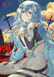 Rule 34 | 1girl, ayanami rei, blue hair, breasts, commentary request, cross, evangelion: 3.0+1.0 thrice upon a time, expressionless, fadingz, from side, hair between eyes, hands up, highres, lcl, light frown, long hair, looking at viewer, mecha pilot suit, medium breasts, messy hair, neon genesis evangelion, outdoors, pale skin, plugsuit (evangelion), rebuild of evangelion, red eyes, sitting, skin tight, solo, very long hair