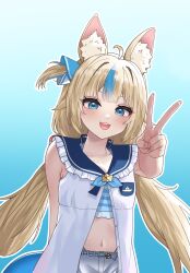 Rule 34 | 1girl, ahoge, animal ears, blonde hair, blue bow, blue eyes, blue hair, bow, cat ears, dress, fins, fish girl, fish tail, hair bow, highres, indie virtual youtuber, long hair, looking at viewer, low twintails, multicolored hair, oddman1234, one side up, open mouth, sameko saba, shorts, sleeveless, sleeveless dress, smile, solo, streaked hair, tail, teeth, twintails, upper teeth only, v, very long hair, virtual youtuber, white dress, white shorts