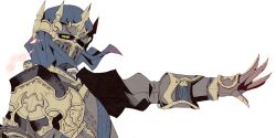 Rule 34 | 1other, ambiguous gender, armor, commentary request, final fantasy, final fantasy xiv, fray myste, from side, full armor, helmet, highres, looking at viewer, one eye covered, other focus, outstretched arm, simple background, solo, upper body, white background, wind, yellow eyes, yuzuriko red