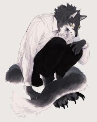 1boy animal_feet black_claws black_pants claws collared_shirt dog_boy furry furry_male grey_fur highres knees_to_chest male_focus original pants shirt simple_background sitting two-tone_fur white_background white_fur white_shirt yellow_eyes zumi3