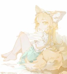 1girl absurdres animal_ear_fluff animal_ears aqua_hairband aqua_skirt arknights barefoot blonde_hair fox_ears fox_girl fox_tail frilled_hairband frills green_eyes hairband highres kitsune kyuubi long_hair long_sleeves multiple_tails neko_blow official_alternate_costume open_mouth shirt sitting skirt solo suzuran_(arknights) suzuran_(spring_praise)_(arknights) tail white_shirt