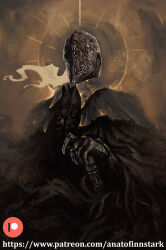 1boy anato_finnstark armor artist_name bloodborne bloody_crow_of_cainhurst chain chain_necklace coat collar commentary english_commentary helm helmet highres holding holding_sword holding_weapon jewelry long_hair male_focus necklace patreon_logo patreon_username solo standing sword watermark weapon web_address white_hair