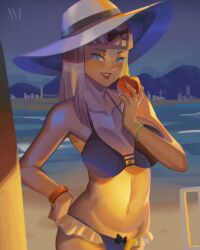 1girl beach bikini blue_eyes breasts food fruit fujiwara_chika hat kaguya-sama_wa_kokurasetai_~tensai-tachi_no_renai_zunousen~ large_breasts long_hair nico_melba night night_sky ocean pink_hair sand sky swimsuit water