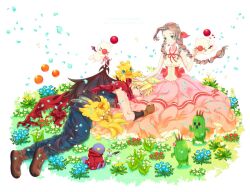 1boy 1girl 39cva aerith_gainsborough bare_arms bare_shoulders black_wings blonde_hair blue_flower blue_pants blue_shirt boots braid braided_ponytail breasts brown_footwear brown_hair chocobo cloak closed_eyes cloud_strife curly_hair demon_wings dress falling_petals final_fantasy final_fantasy_vii flower full_body green_eyes hair_between_eyes hair_ribbon halter_dress halterneck hand_in_another&#039;s_hair kingdom_hearts kingdom_hearts_ii lap_pillow light_blush long_dress long_hair lying medium_breasts moogle multicolored_dress nature official_alternate_costume on_side outdoors pants parted_bangs parted_lips petals pink_dress red_cloak red_dress red_ribbon ribbon sabotender shirt short_hair sidelocks single_wing sleeveless sleeveless_dress sleeveless_turtleneck smile tonberry toned toned_male torn_clothes turtleneck white_background white_dress white_flower wings