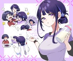 1boy 2girls ^^^ absurdres aged_down alternate_costume alternate_hairstyle alternate_universe anger_vein apron baby baby_bottle black_hair black_sleeves black_undershirt blank_eyes blue_eyes blunt_bangs blunt_ends bottle brother_and_sister casual censored censored_food cheek_pull chopsticks contemporary drinking eyelashes fan_hair_ornament fingernails flower frown genshin_impact hair_bun hair_flower hair_ornament hands_up highres holding holding_another&#039;s_arm holding_spatula kappougi layered_sleeves looking_at_another looking_at_viewer mole mole_under_eye mother&#039;s_day mother_and_daughter mother_and_son multicolored_hair multiple_girls no_eyes notice_lines oishii_sasa open_mouth pacifier pink_background plate puff_of_air purple_eyes purple_hair purple_shirt raiden_shogun red_shirt red_sleeves scaramouche_(genshin_impact) shaded_face shirt short_sleeves siblings sidelocks single_side_bun spatula streaked_hair sweatdrop teeth uneven_eyes v-shaped_eyebrows watch watermark wristwatch