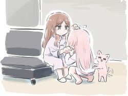 2girls bang_dream! bang_dream!_it&#039;s_mygo!!!!! blue_eyes blush brown_hair chihaya_anon commentary dog dress headpat jacket long_hair long_sleeves lyy multiple_girls nagasaki_soyo pink_hair shorts sidelocks slippers symbol-only_commentary white_dress white_jacket white_shorts yuri