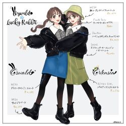 2girls character_name coat copyright_name epic_mickey genderswap hat holding humanization meecosme mickey_mouse_&amp;_friends multiple_girls open_mouth ortensia_the_cat oswald_the_lucky_rabbit pantyhose shirt shoes short_hair skirt smile twintails white_background