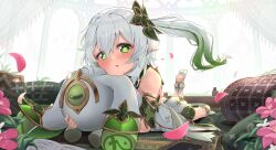 Rule 34 | 1girl, :o, blush, book, carpet, commentary request, detached sleeves, dress, flower, genshin impact, gold trim, gradient hair, green eyes, green hair, green sleeves, hair between eyes, hair ornament, highres, holding, indoors, leaf, leg up, looking at viewer, lying, multicolored hair, nahida (genshin impact), neo akasha terminal, on stomach, open book, pointy ears, sleeveless, sleeveless dress, soles, solo, stirrup legwear, symbol-shaped pupils, toeless legwear, white dress, white hair, yukidaruma718