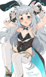 Rule 34 | 1girl, absurdres, and uge, android, animal ear hairband, animal ears, bare shoulders, black leotard, blue eyes, blush, bow, bowtie, breasts, covered navel, detached collar, embarrassed, fake animal ears, fake tail, flat chest, grey hair, hairband, highleg, highleg leotard, highres, leotard, looking at viewer, nanashi inc., open mouth, petite, playboy bunny, puffy sleeves, rabbit ear hairband, rabbit ears, rabbit pose, rabbit tail, shirana tamana, solo, strapless, strapless leotard, tail, tailcoat, teeth, thick eyebrows, thighhighs, traditional bowtie, upper teeth only, virtual youtuber, white background, white thighhighs, white wrist cuffs, wrist cuffs
