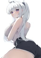 Rule 34 | 1girl, absurdres, alternate costume, alternate hairstyle, arm under breasts, ass, black shorts, blue archive, blush, breasts, camisole, dolphin shorts, grey hair, hair intakes, halo, highres, k cyp, large breasts, light smile, long hair, looking at viewer, looking to the side, noa (blue archive), purple eyes, see-through silhouette, shorts, simple background, solo, thick thighs, thighs, twintails, very long hair, white background, white camisole