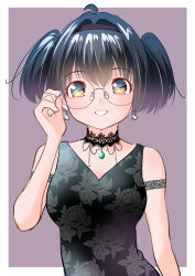 Rule 34 | 1girl, adjusting eyewear, ahoge, bare shoulders, black choker, black dress, black hairband, blue hair, brown eyes, choker, dress, earrings, floral print, floral print dress, glasses, hairband, jewelry, lace-trimmed choker, lace trim, looking at viewer, original, outside border, pearl earrings, print dress, purple background, round eyewear, short twintails, sleeveless, sleeveless dress, smile, solo, teeth, twintails, white background, yamanaka kouji (yanchiki2001)