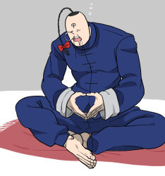Rule 34 | 1boy, barefoot, black hair, blue pants, blue shirt, braid, braided ponytail, crossed legs, drooling, facial hair, fu manchu (mustache), kinnikuman, long mustache, long sleeves, male focus, mouth drool, mustache, nose bubble, pants, ramenman, rug, saliva, shirt, sleeping, tomato (toma1010)