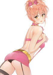 1girl absurdres ame_(uten_cancel) ass back bare_arms bare_shoulders bikini bikini_top_only black_panties brown_eyes brown_hair commentary_request garter_straps hair_ribbon highres idolmaster idolmaster_cinderella_girls jougasaki_mika looking_at_viewer miniskirt open_mouth panties pantylines photoshop_(medium) ribbon skirt solo sweat swimsuit thighhighs thighs tokimeki_escalate_(idolmaster) underwear
