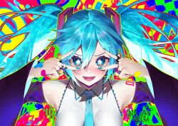 Rule 34 | aqua eyes, aqua hair, aqua nails, aqua necktie, bandaid, detached sleeves, dyarikku, grey shirt, hatsune miku, jewelry, meme, miku miku beaaaam!! (meme), necktie, number tattoo, ring, shirt, star (symbol), star in eye, symbol in eye, tattoo, twintails, vocaloid