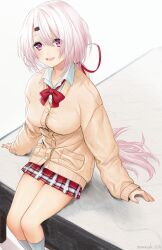 Rule 34 | 1girl, artist name, bed, blush, bow, bowtie, breasts, buttons, cardigan, choppy bangs, collared shirt, commentary request, feet out of frame, fingernails, hair between eyes, hair ornament, hair ribbon, hair spread out, highres, large breasts, long bangs, long hair, long sleeves, looking at viewer, miniskirt, murasaki2714, nijisanji, on bed, open mouth, pink hair, plaid clothes, plaid skirt, pleated skirt, pocket, red bow, red bowtie, red ribbon, red skirt, ribbon, school uniform, shiina yuika, shirt, sidelocks, simple background, sitting, skirt, sleeves past wrists, smile, socks, solo, sparkling eyes, very long hair, virtual youtuber, white background, white shirt, white socks, yellow cardigan
