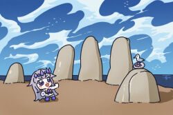 Rule 34 | 1girl, 1other, bing huyue, bird, blue sky, chest jewel, chibi, figure, highres, hololive, hololive english, koseki bijou, koseki bijou (1st costume), pebble (koseki bijou), purple eyes, purple hair, seagull, simple bird, sky, the fingers of punta del este, uruguay, virtual youtuber