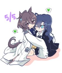 Rule 34 | 2girls, agnes tachyon (umamusume), ahoge, animal ears, bare legs, black jacket, blue eyes, blue hair, blue necktie, blue shirt, brown hair, brown tail, chibi, collared shirt, commentary request, dated, earrings, female trainer (umamusume), hair between eyes, heart, highres, horse ears, horse girl, horse tail, hug, jacket, jewelry, kneeling, korean commentary, lab coat, long hair, looking at another, looking at viewer, medium hair, multiple girls, necktie, partially unzipped, shirt, simple background, single earring, sitting, sleeves past fingers, sleeves past wrists, spoken heart, sweater vest, tachytaku, tail, test tube, trainer (umamusume), twitter username, umamusume, white background, white shirt, yellow sweater vest, zipper, zipper pull tab