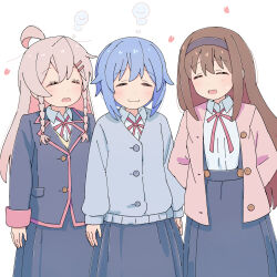 3girls :3 :d =_= ahoge arms_at_sides arms_behind_back black_hairband black_jacket black_skirt blue_hair blue_jacket braid brown_hair c: commentary extra fujimi_nemu fushimi_nodoka hair_between_eyes hair_ornament hairband hairclip heart highres jacket long_skirt long_sleeves multiple_girls neck_ribbon onii-chan_wa_oshimai! open_clothes open_jacket open_mouth oyama_mahiro pink_hair pink_jacket red_ribbon ribbon school_uniform shirt short_hair side_braids simple_background skirt sleepy smile squeans suspender_skirt suspenders tetesudeesu white_background white_shirt wing_collar