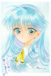1girl blue_background blue_eyes blue_hair blue_hairband border closed_mouth hairband laki_(laki_cu) magic_knight_rayearth painting_(medium) ryuuzaki_umi school_uniform signature smile split_mouth star_(symbol) straight_hair traditional_media watercolor_(medium) white_border