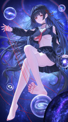 1girl arm_cutout arm_support ass bare_legs barefoot between_toes black_choker black_hair black_hole black_shirt black_skirt blunt_bangs breasts bubble chisa_(wuthering_waves) choker closed_mouth collarbone commentary crop_top crossed_legs feet floating_hair full_body galaxy hair_ornament hair_ribbon hand_up high-waist_skirt highres holding holding_string invisible_chair legs long_hair long_sleeves longyu_(17767756) looking_at_viewer medium_breasts mole mole_under_eye nail_polish neckerchief pleated_skirt red_eyes red_nails red_neckerchief ribbon sailor_collar school_uniform shirt sidelocks sitting skirt sky smile soles solo space spread_toes star_(sky) starry_sky string string_around_finger tacet_mark_(wuthering_waves) thighs toenail_polish toenails toes underboob very_long_hair white_sailor_collar wuthering_waves