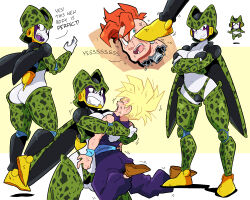 1girl 2boys :d android_16 ass bare_shoulders breasts brown_footwear cell_(dragon_ball) cleavage closed_mouth collarbone colored_skin dragon_ball dragonball_z english_text fangs foot_on_another&#039;s_face genderswap genderswap_(mtf) green_skin grin highres hug large_breasts mohawk multiple_boys navel open_mouth orange_hair perfect_cell scott_malin short_hair smile son_gohan spiked_hair super_saiyan super_saiyan_1 teeth tongue upper_teeth_only white_background white_skin wings yellow_background