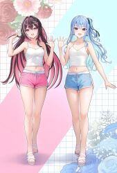 2girls :d absurdres alternate_costume azki_(hololive) bare_arms bare_legs black_hair blue_eyes blue_hair blue_nails bow bow_earrings breasts camisole cleavage collarbone colored_inner_hair commentary_request dolphin_shorts double-parted_bangs drawstring earrings feet full_body hair_between_eyes hair_intakes hair_ornament hair_ribbon hairclip hand_up hands_up highres holding holding_own_hair hololive hoshimachi_suisei jewelry knees legs long_hair looking_at_viewer loungewear medium_breasts midriff mole mole_under_eye multicolored_hair multiple_girls nail_polish navel one_side_up open_hand open_mouth pink_hair pink_nails pink_shorts purple_eyes ribbon sandals short_shorts shorts sidelocks small_breasts smile star_(symbol) star_in_eye stomach streaked_hair symbol_in_eye thighs toenail_polish toenails toes very_long_hair virtual_youtuber wajuniorbox waving wavy_hair white_camisole white_hair