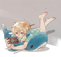 Rule 34 | 1boy, barefoot, blue eyes, blue tunic, bottomless, commentary, crossed ankles, english commentary, hair bun, holding, ikea shark, link, looking at object, lying, male focus, natsuyon, nintendo, on stomach, open mouth, parted bangs, sheikah slate, short sleeves, single hair bun, solo, stuffed animal, stuffed shark, stuffed toy, the legend of zelda, the legend of zelda: breath of the wild, tunic, twitter username