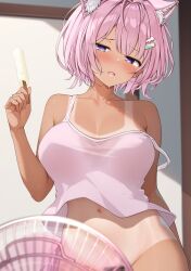 1girl absurdres animal_ears antenna_hair black_pubic_hair blurry blurry_background blush bottomless breasts collarbone electric_fan extra_ears fan_speaking fanning_crotch female_pubic_hair food hair_ornament hairclip hakui_koyori highres holding holding_food holding_popsicle hololive large_breasts looking_at_viewer medium_hair mismatched_pubic_hair navel open_mouth otokucha pink_hair pink_tank_top popsicle pubic_hair pubic_hair_peek purple_eyes solo stomach strap_slip sweat tan tank_top tanline virtual_youtuber wolf_ears wolf_girl