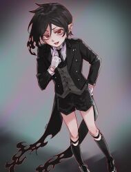 1boy adapted_costume aged_down black_hair child demon demon_boy ena33333333 gloves hair_between_eyes highres jacket kuroshitsuji male_focus necktie ouji_fashion pointy_ears sebastian_michaelis shirt shoes shorts smile socks standing vest