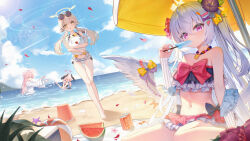 4girls absurdres azusa_(blue_archive) ball beach_umbrella beachball bikini black_bikini black_wings blonde_hair blue_archive blue_sky bucket cloud cloudy_sky commentary_request eyewear_on_head flower food frilled_bikini frills fruit hair_flower hair_ornament halo hanako_(blue_archive) head_wings hifumi_(blue_archive) highres holding holding_food holding_popsicle holding_stuffed_toy koharu_(blue_archive) long_hair low_wings multiple_girls navel official_alternate_costume peroro_(blue_archive) pink_hair pink_halo popsicle purple_eyes red_ribbon ribbon round_eyewear shell shirt sky soda splashing starfish stomach stuffed_toy swimsuit umbrella very_long_hair watermelon watermelon_slice white_bikini white_hair white_shirt white_wings wings wlswlp yellow_eyes yellow_halo
