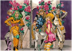 Rule 34 | 1girl, 4boys, araki hirohiko, argyle clothes, argyle sweater, belt, belt buckle, blonde hair, blue bridal gauntlets, blue shirt, blue sleeves, boots, brown eyes, buckle, cape, coat, cowboy hat, curly hair, diego brando, dress, facial hair, flower, funny valentine, gloves, goatee, goggles, goggles on headwear, green hair, grey cape, grey gloves, grey hair, grey hat, grey helmet, grey pants, grey sleeves, grey sweater, gyro zeppeli, hat, helmet, highres, holster, jojo no kimyou na bouken, jojo pose, knee pads, long coat, long hair, long sideburns, long sleeves, looking at viewer, lucy steel, multiple boys, mustache, necktie, official art, orange belt, orange bridal gauntlets, orange coat, orange lips, orange necktie, pants, pelvic curtain, pink dress, pink flower, pink gloves, pink rose, purple boots, rose, shirt, short hair, short sleeves, sideburns, spurs, steel ball (jojo), steel ball run, striped clothes, striped thighhighs, sweater, thighhighs, traditional media, two-tone sleeves, wekapipo, yellow thighhighs