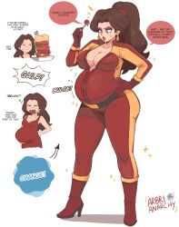 absurdres arbrianarchy artist_name belly big_belly bloated blue_eyes breasts brown_hair burger candy commentary ear_piercing english_commentary english_text eyeshadow food hand_on_own_hip highres holding holding_candy holding_food large_breasts long_hair makeup mario_(series) mario_kart mario_kart_world nintendo pauline_(aero)_(mario) pauline_(mario) piercing purple_eyeshadow speech_bubble