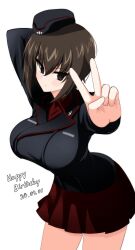 Rule 34 | 1girl, absurdres, aikir (jml5160), arm behind head, arms up, black jacket, blush, breasts, brown eyes, brown hair, closed mouth, commentary request, dated, dress shirt, english text, garrison cap, girls und panzer, happy birthday, hat, highres, insignia, jacket, kuromorimine military uniform, large breasts, leaning forward, long sleeves, looking at viewer, military, military hat, military uniform, miniskirt, nishizumi maho, pleated skirt, red shirt, red skirt, shirt, short hair, simple background, skirt, solo, standing, v, white background, wing collar