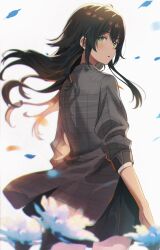 1girl :o absurdres black_skirt blurry blurry_foreground blush coat commentary depth_of_field emu_(emum) falling_petals floating_hair gakuen_idolmaster green_eyes green_hair grey_coat highres idolmaster long_hair looking_at_viewer looking_back petals skirt solo symbol-only_commentary tsukimura_temari very_long_hair
