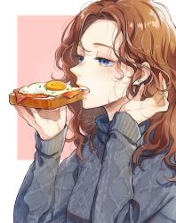 1girl bacon blue_eyes bread_slice brown_hair earrings egg egg_(food) food fried_egg fried_egg_on_toast grey_sweater hands_up highres jewelry long_hair long_sleeves open_mouth original pink_background shinishi_chiho signature solo sunny_side_up_egg sweater toast upper_body