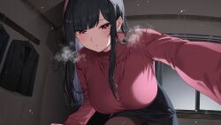 1girl black_hair black_skirt blush breasts brown_pantyhose closed_mouth clothes_hanger commentary_request earrings ice_reizou indoors jewelry large_breasts long_hair long_sleeves miniskirt necklace original pantyhose pencil_skirt red_eyes red_sweater skirt solo steam sweater swept_bangs turtleneck turtleneck_sweater window