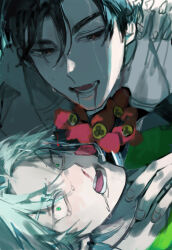 2boys absurdres alien_stage black_eyes black_hair blood blood_from_mouth chinese_commentary commentary flower green_eyes grey_hair headset highres ivan_(alien_stage) lixinling41431 male_focus microphone multiple_boys nosebleed open_mouth red_flower red_pupils short_hair till_(alien_stage) very_short_hair