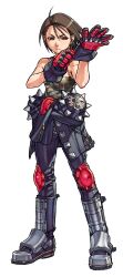 1girl adjusting_clothes adjusting_gloves brown_eyes brown_hair camouflage camouflage_shirt clothes_around_waist edaki_shin&#039;ya full_body game_cg gloves highres jacket jacket_around_waist justice_gakuen kazama_akira knee_pads leather leather_pants looking_at_viewer moero!_justice_gakuen non-web_source official_art pants shin_guards shirt short_hair simple_background skull_print sleeveless sleeveless_shirt solo spikes standing white_background
