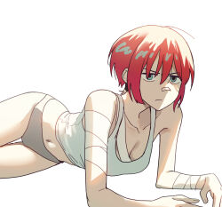 1girl amate_yuzuriha aqua_eyes bandaged_arm bandaged_chest bandages bandaid bandaid_on_face bandaid_on_nose breasts cleavage gundam gundam_gquuuuuux highres jitome lying midriff navel otakulifewow red_hair short_hair simple_background sleeveless solo tank_top underwear white_background