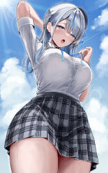 1girl absurdres amagai_ruka arm_behind_head arm_up black_hat black_skirt blue_eyes blue_ribbon blue_sky blue_streaks blush braid breasts cloud collared_shirt colored_inner_hair commentary_request day earrings from_below grey_hair hair_between_eyes hand_up hat highres holding holding_ribbon jewelry large_breasts lens_flare light_particles looking_at_viewer multicolored_hair open_mouth plaid_clothes plaid_skirt pleated_skirt ribbon shirt shirt_tucked_in short_sleeves side_braid skirt sky solo standing streaked_hair sunlight sweat thighs tongue virtual_youtuber weather_planet white_shirt ya_ta