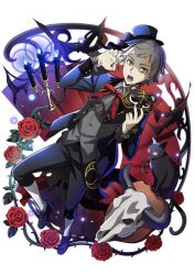 1boy animal_skull ascot black_cat black_pants bungou_stray_dogs candle cat claw_pose flower formal_clothes frilled_sleeves frills full_body glowing glowing_eyes grey_hair grey_vest halloween hand_up hat holding holding_mask jacket long_sleeves looking_at_viewer male_focus mask masquerade_mask multicolored_eyes multicolored_hair nakajima_atsushi_(bungou_stray_dogs) neck_ribbon official_alternate_costume official_art open_mouth pants pinstripe_pattern pinstripe_shirt plant purple_eyes red_flower red_ribbon red_rose ribbon rose shirt shoes short_hair skull solo stairs striped_clothes striped_shirt suit third-party_source transparent_background unworn_mask vertical-striped_clothes vertical-striped_shirt vest vines yellow_eyes