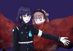 1boy 1girl armband belt black_bow black_hairband black_headband black_shirt bow brother_and_sister closed_mouth ear_piercing earrings frown gloves hairband headband jewelry last_defense_academy_school_uniform looking_at_viewer matching_hair/eyes open_mouth outstretched_arm piercing pink_eyes pink_hair purple_background purple_hair shirt siblings simple_background the_hundred_line_-last_defense_academy- tsukumo_ima tsukumo_kako twins upper_body white_gloves