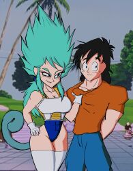 1boy 1girl absurdres aged_up armor arms_behind_back assertive_female blue_eyes blue_hair blue_leotard blue_pants bra_(dragon_ball) capsule_corp clothes_grab dragon_ball dragon_ball_eschaton eschallotte flirting gloves highres leotard monkey_tail mr-takoyama orange_shirt pants saiyan sexual_harassment shirt shirt_grab sidelocks son_goten sweatdrop tail