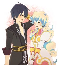 1boy 1girl bad_id bad_pixiv_id belt black_hair blonde_hair blue_hair blush bracelet collarbone cosplay couple estellise_sidos_heurassein estellise_sidos_heurassein_(cosplay) closed_eyes gloves hetero jewelry long_hair mosako multicolored_hair nia_teppelin open_mouth pink_background saliva short_hair simon_(ttgl) smile tales_of_(series) tales_of_vesperia tengen_toppa_gurren_lagann two-tone_hair yuri_lowell yuri_lowell_(cosplay)