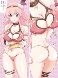 1girl absurdres arms_under_breasts ass bare_shoulders breast_cutout breasts cleavage collarbone commentary gold_vambraces hair_between_eyes heart_collar highres holding_own_arm kuro_hopper large_breasts long_hair long_sidelocks micro_panties multiple_views navel panties pink_hair pink_panties princess_connect! purple_eyes sidelocks standing thigh_strap translation_request tsumugi_(princess_connect!) underwear vambraces