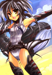 1990s_(style) 1girl black_hair cloud day desert female_focus final_fantasy final_fantasy_iv kouno_hikaru leotard lunar_whale open_mouth outdoors outstretched_arms personification retro_artstyle sky smile solo spacecraft spread_arms whale yellow_eyes